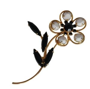 Vintage 60's Brooch Pin Flower Rhinestones Black and White Splash Floral